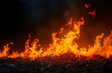 Poster - Fierce flames blaze intensely on dark ground. Orange-yellow flames rise, dance in abstract shapes. Dramatic fire shows power, energy. Dark backdrop emphasizes fiery display. Ideal for tech, design,