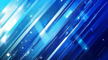 Poster - A bright blue backdrop with diagonal lines crossing it. It has lots of moving, geometrical elements.