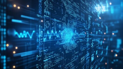 Poster - A digital blue background with a pattern of technology and finance illustrations.