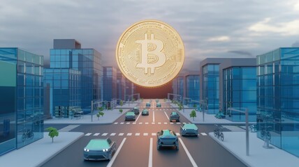 Poster - A large Bitcoin cryptocurrency coin hovers over a futuristic city, symbolizing its influence on modern finance and urban landscapes.