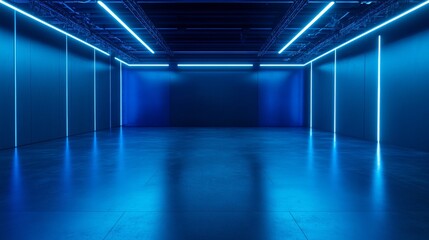 Poster - Dark blue studio with neon lights casts a bright glow on a shiny floor and wall. This empty room is ideal for showcasing products at night, such as cars, motorcycles, and technology.
