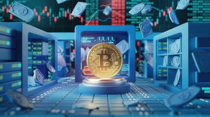 Poster - A golden Bitcoin coin sits on a pedestal in a futuristic server room, surrounded by digital currency transactions and data streams.