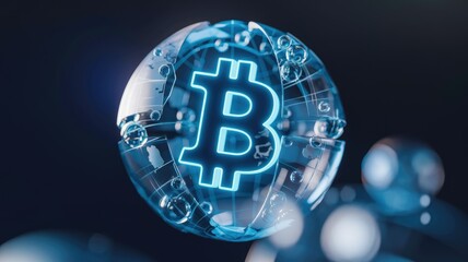 Poster - Bitcoin symbol glowing inside a transparent global sphere, symbolizing its worldwide reach and digital nature.