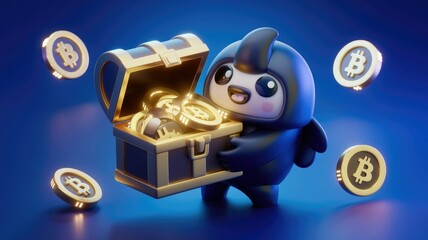 Poster - Cute cartoon penguin holding a treasure chest full of Bitcoin.