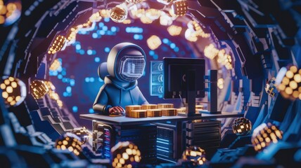 Poster - A futuristic astronaut mines cryptocurrency in a neon-lit digital tunnel, surrounded by glowing orbs.