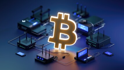Poster - Bitcoin's decentralized network visualized with glowing Bitcoin symbol surrounded by interconnected network devices.