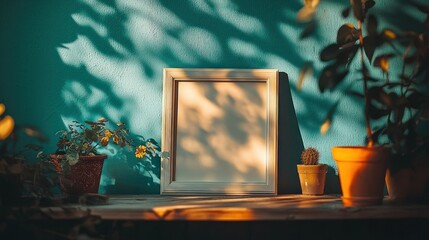 Wall Mural - Blank frame with plants, leaf shadows on blue wall, outdoor setting