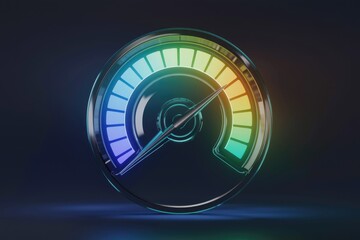 Poster - A futuristic glass speedometer with a needle pointing towards high performance, glowing with vibrant colors.