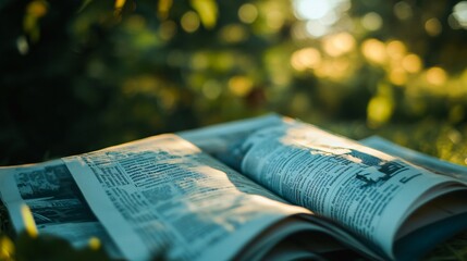 Wall Mural - Open book rests in sunlit grassy area