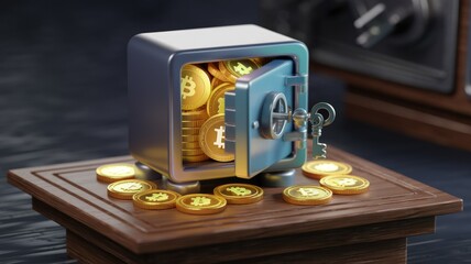 Aufkleber - A miniature safe overflowing with golden Bitcoin coins, symbolizing cryptocurrency security and wealth.