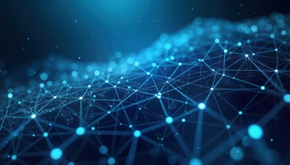 Poster - Abstract futuristic tech design. Network connections, points form modern mesh structure. Blue lights, lines create dynamic pattern suggesting data transfer. Abstract illustration represents