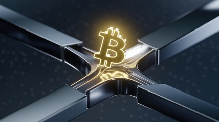 Poster - Glowing Bitcoin symbol at the intersection of metallic structures, symbolizing cryptocurrency's interconnectedness.