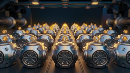 Poster - Rows of futuristic Bitcoin mining machines in a dark industrial setting.
