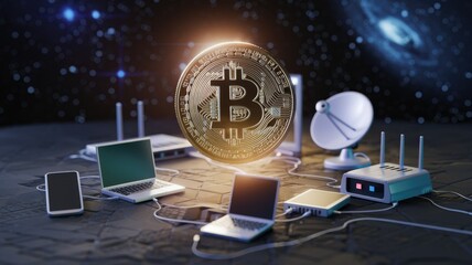 Poster - Bitcoin cryptocurrency network visualized with laptops, routers, and satellite dish, showcasing global connectivity.