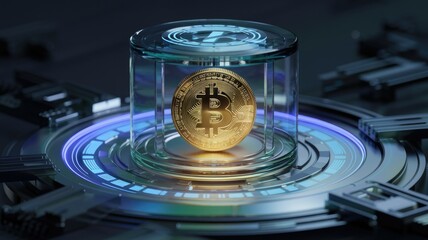 Aufkleber - A golden Bitcoin rests securely inside a transparent glass cylinder on a futuristic technological platform.