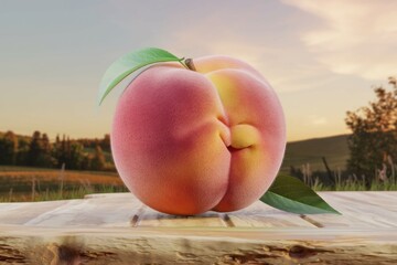 Poster - A cute, cartoonish peach rests on a wooden table against a sunset rural backdrop.