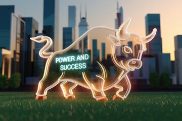 Poster - Neon bull symbol signifying power and success against a city backdrop.