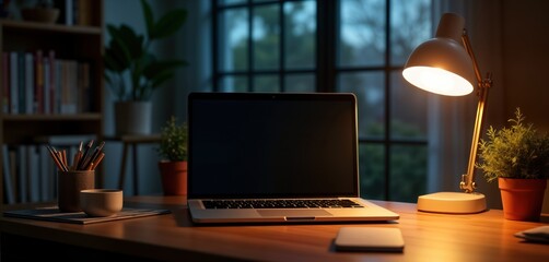 Poster - Empty home office desk at night. Laptop on wooden table with stationery, plants. Warm evening light illuminates workspace. Comfortable, modern interior. Empty screen on laptop. Great for tech design