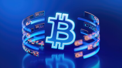 Poster - Glowing Bitcoin symbol surrounded by data streams, representing cryptocurrency's digital nature and blockchain technology.