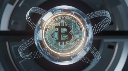 Poster - Futuristic Bitcoin cryptocurrency displayed as a digital coin with binary code swirling around it.