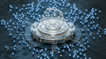 Poster - Networked data nodes connected to a central processing unit, illustrating complex data processing and interconnected systems.