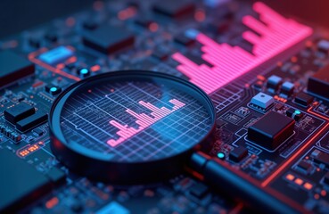 Poster - digital data analysis illustration. magnifying glass focuses on financial data graphs displayed on g