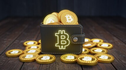 Poster - A dark leather wallet holds several glowing gold Bitcoin and cryptocurrency coins, symbolizing digital wealth.