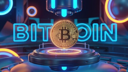 Poster - A golden Bitcoin cryptocurrency coin floats above a futuristic platform with neon blue 'BITCOIN' lettering.