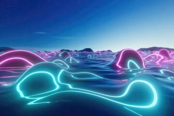 Poster - Neon lights illuminate a surreal, wavy ocean under a starry night sky.
