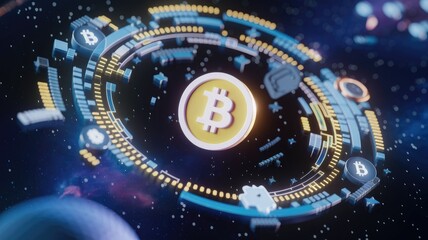 Aufkleber - A 3D rendering of a Bitcoin cryptocurrency in a futuristic technological setting.