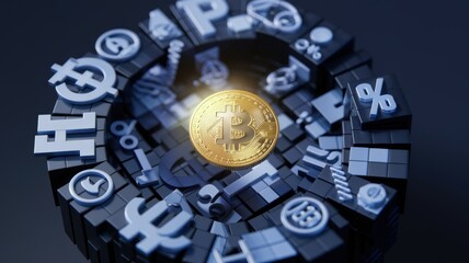 Poster - A golden Bitcoin coin rests atop a chaotic arrangement of various currency symbols, representing the complex world of cryptocurrency and finance.
