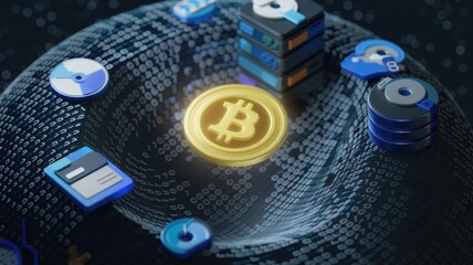 Poster - Bitcoin cryptocurrency coin on a digital data background, representing blockchain technology and decentralized finance.