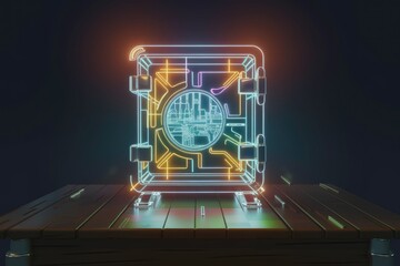 Poster - Neon-lit digital safe showcasing secure data storage and cyber protection.