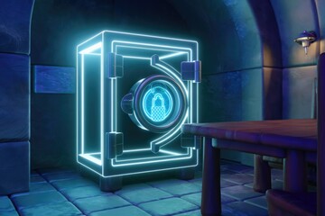 Poster - A futuristic neon-lit safe with a digital lock in a dark, mysterious room.