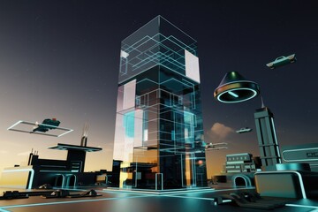Poster - Futuristic cityscape with transparent skyscraper, flying cars, and drones at sunset.
