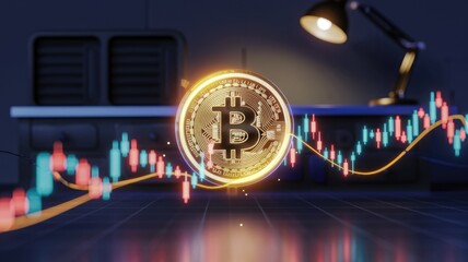 Aufkleber - A glowing Bitcoin cryptocurrency coin hovers above a candlestick chart, depicting price fluctuations in a dimly lit workspace.