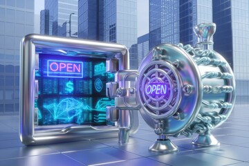 Aufkleber - Futuristic digital safe unlocks, revealing financial data and open access.