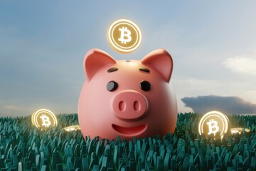 Poster - Bitcoin savings: A piggy bank in a field with glowing Bitcoin coins symbolizes cryptocurrency investment and financial growth.