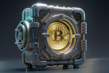 Poster - A futuristic safe securely holds a golden Bitcoin, symbolizing cryptocurrency security and digital asset protection.