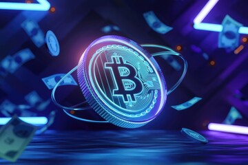 Poster - Glowing Bitcoin cryptocurrency coin with neon lights and falling money symbolizes digital finance and blockchain technology.