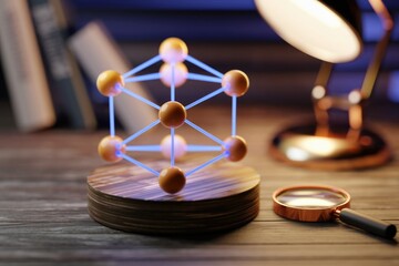 Poster - A glowing molecular model sits on a wooden base, illuminated by a desk lamp, suggesting scientific research or study.