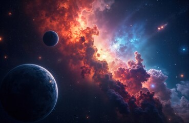 Wall Mural - Vast space view shows colorful nebula clouds with planets. Cosmic scene filled with stars, galaxies. Awesome view of cosmos. Imaginative abstract space art with vibrant colors. Celestial display