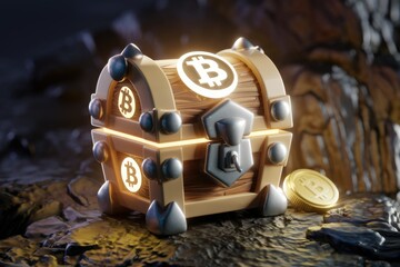 Aufkleber - A glowing wooden treasure chest overflowing with Bitcoin cryptocurrency, symbolizing digital wealth.