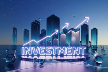Poster - Neon cityscape with upward trending graph symbolizes investment growth and financial success.