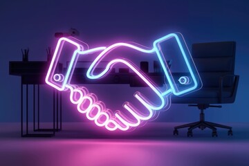 Poster - Neon handshake symbol represents business deals, partnership, and agreements in a modern office setting.