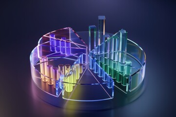 Aufkleber - A 3D glass representation of a pie chart and bar graph showcasing data analysis and visualization.