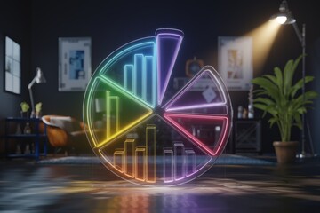 Aufkleber - Neon pie chart with bar graphs segments, displayed in a modern room setting.