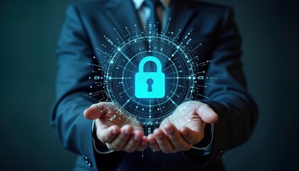 Poster - Businessperson holds glowing lock icon cybersecurity. Tech expert displays data protection concept. Person presents digital transformation concept. Hands hold virtual lock. Illustration shows modern