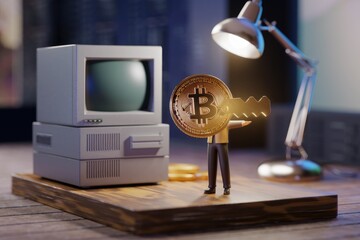 Poster - Bitcoin key held by a miniature figure near a retro computer, symbolizing early cryptocurrency adoption.