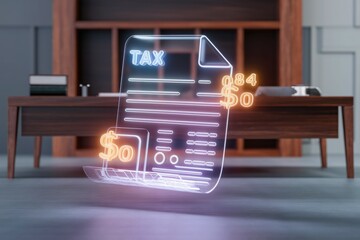 Aufkleber - A glowing holographic tax document floats above a desk, displaying tax information and dollar amounts.